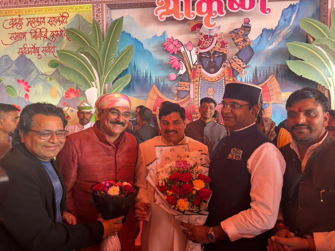 Meeting Cheif Minster of MP, Shri Mohan Yadav at a holy Bhagwat Katha Ceremony
